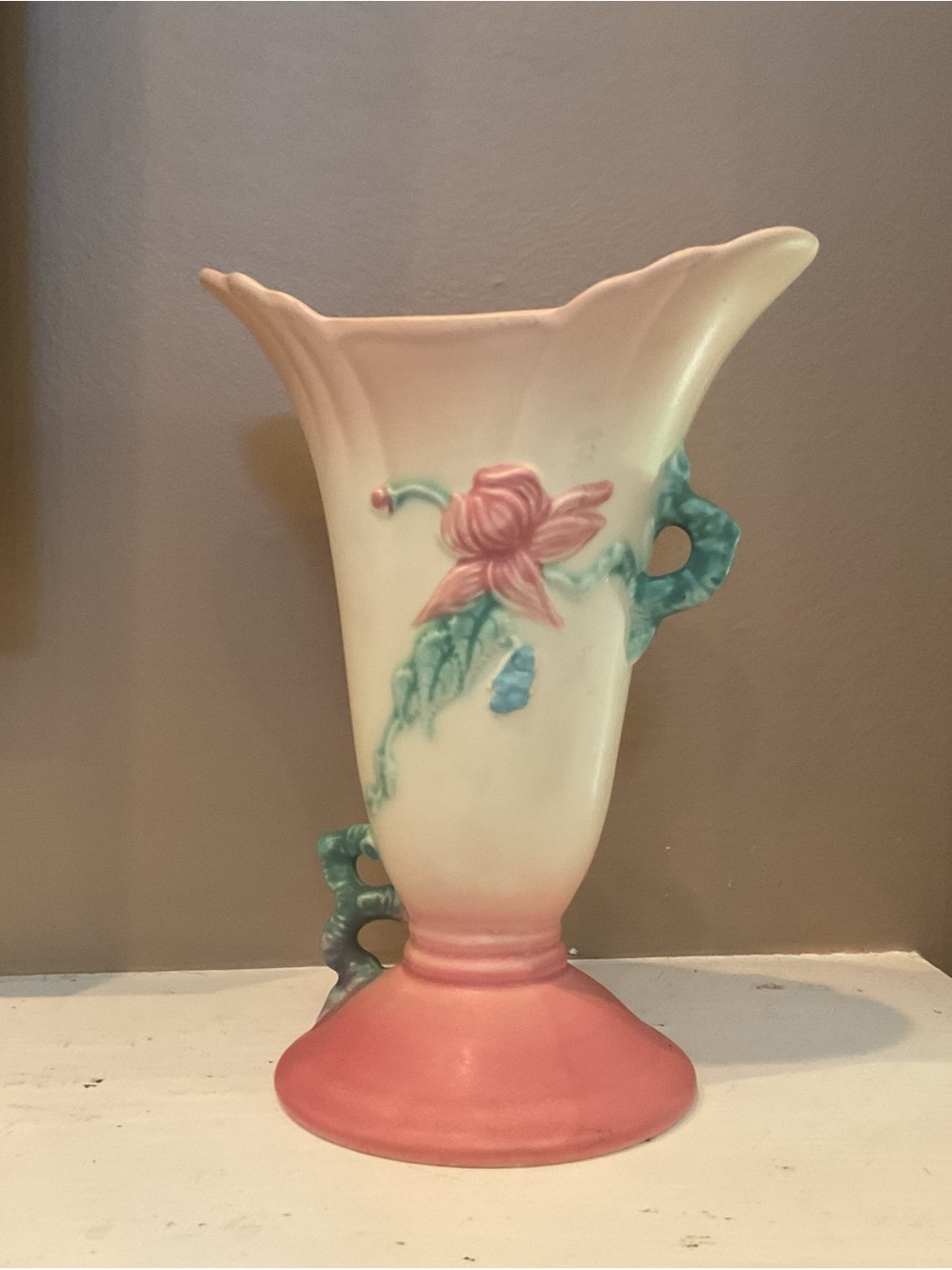 Vintage HULL pottery 1940s Pink and Cream Floral Ceramic Vase